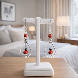 Red Earrings With Silvertone Hardware NICE MOVEMENT ORIGINAL DESIGN - Pre-loved